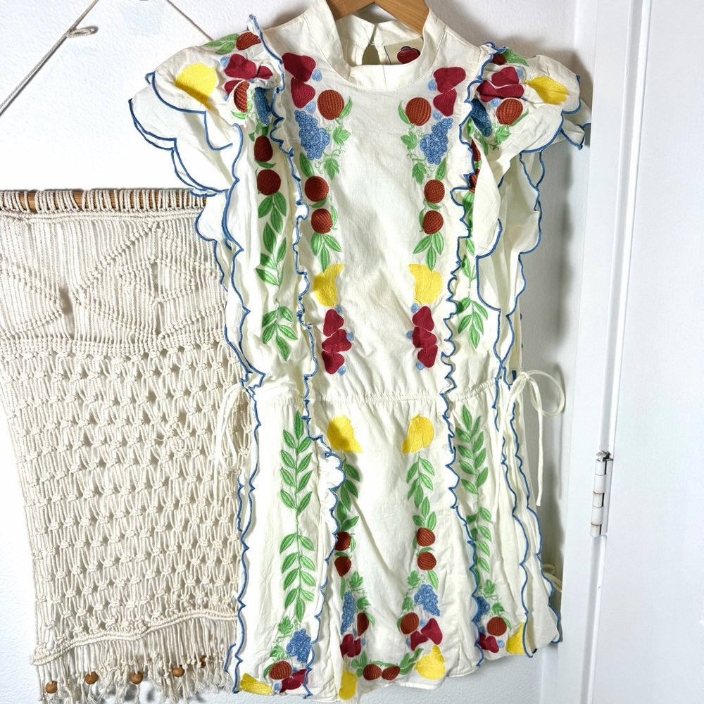 Farm Rio Anthropologie Garden Southern Cute Embroidered Cream Fruit Fern Dress S - Picture 2 of 13